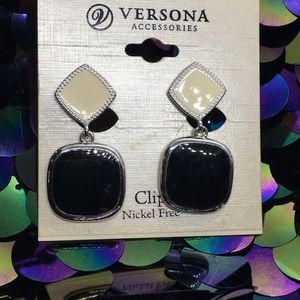Versions Black cream and silver clip on earrings